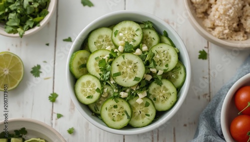 Cucumber Salad With Fresh Herbs and Lime Served in a Bowl on a Wooden Table
