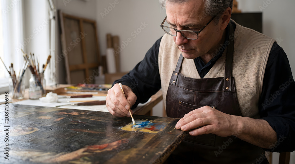 Fototapeta premium Art restorer cleaning old painting in studio