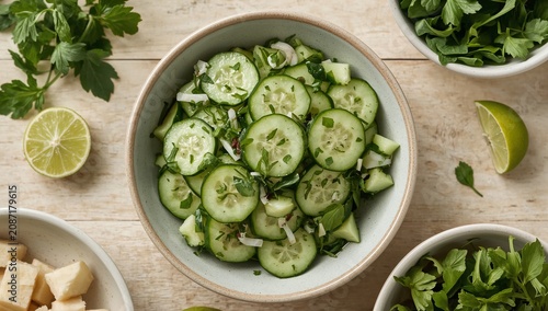 Fresh Cucumber Slices With Herbs and Lime on a Wooden Table
