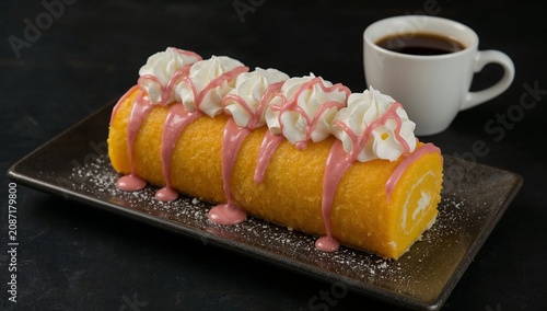 Delicious Dessert With Cream and Sauce Served With Coffee on a Dark Table