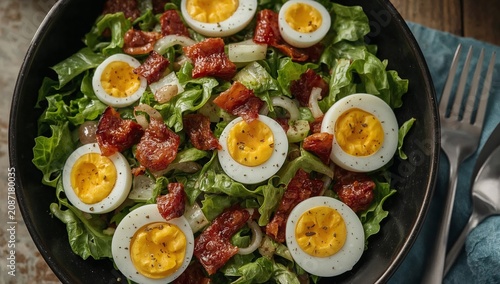Salad With Spinach, Eggs, and Bacon Served in a Black Bowl on a Stone Surface