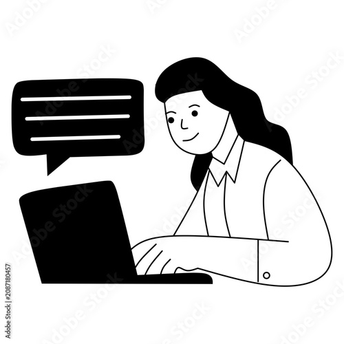 Woman Working on Laptop with Chat Bubble Line Art Vector Illustration
