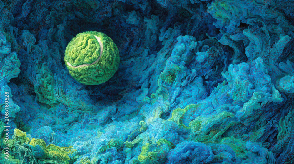 Obraz premium Green tennis ball surrounded by swirling blue and green abstract patterns, creating a dynamic and vibrant visual effect in a digital illustration