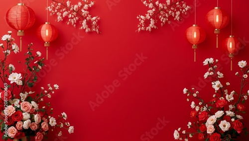 Decorations With Red Lanterns and Flowers for a Cultural Celebration Event