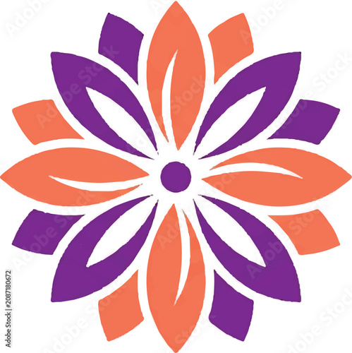 Abstract symmetrical floral pattern icon in orange and purple.