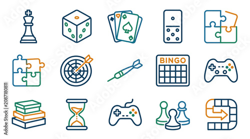 Fotografía Dynamic Colorful Icons Set of Board Games Dice Cards and Entertainment Activitie