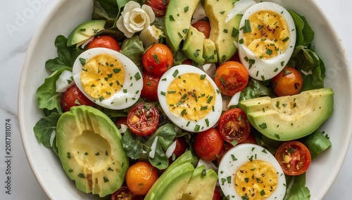 Fresh Salad With Tomatoes, Boiled Eggs, and Avocado on a White Bowl