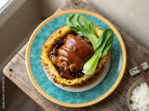 Braised pork hock with pineapple and bok choy served with steamed rice asian cuisine