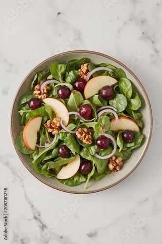 Fresh Salad With Apples, Grapes, Walnuts, and Greens on a Marble Table