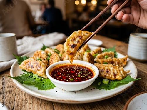 Delicious pan fried dumplings with spicy dipping sauce on a rustic wooden table asian cuisine