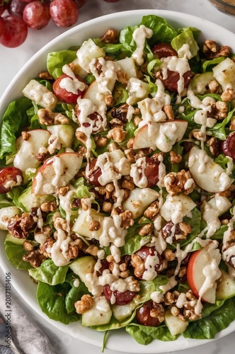 Fresh Salad With Apples, Grapes, Walnuts, and Creamy Dressing on a White Plate