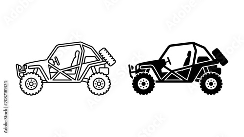 Photos Off-road Buggy Icon Set: A minimalist depiction of two off-road buggies, one outlined and one filled in black, showcasing their rugged design and adventurous spirit