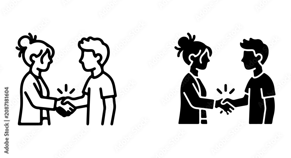 Fototapeta premium Two People Shaking Hands, Business Agreement, Partnership Icon Set, Black and White Vector