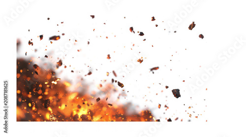 Dynamic composition of glowing burning embers and hot sparks floating in the air isolated on a transparent background for design with numerous glowing explosion scorching