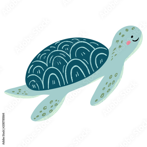 Cute sea turtle swimming with happy smile, perfect for nursery decor, kids stickers