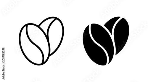 A set of two coffee bean icons, one in outline and one in solid black fill, on a white background.