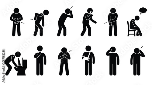 Foto Set of stick figures showing various body pain and illness