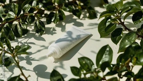 Cream Tube Placed on a Light Surface Among Green Leaves in a Bright Setting