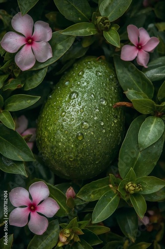 Avocado With Water Droplets Among Green Leaves and Pink Flowers in a Garden