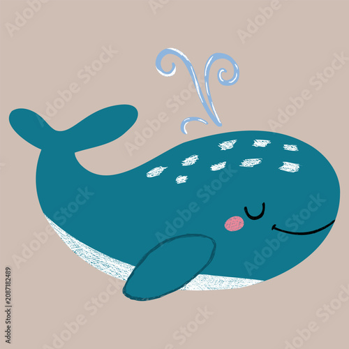 Cute blue whale smiling underwater, perfect for nursery decor, kids stickers