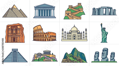 Illustrations of famous landmarks and monuments around the world including pyramids and statues