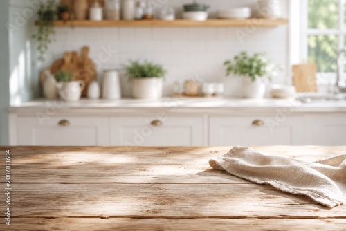 Rustic Wooden Table in Bright White Kitchen Bright white kitchen scene with a rustic wooden table, soft linen cloth, plants, shelves, window light, and copy space