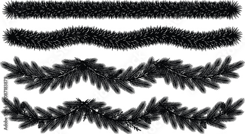 Christmas Fir Branch Garland Silhouette Set with Pine Swag Borders and Fluffy Tinsel Templates for Winter Holiday Festive Frame Design Vector Elements