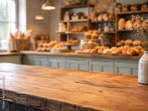 Rustic Bakery Counter With Fresh Artisan Bread Warm bakery interior with a rustic wooden counter, fresh bread, pastries, shelves, and soft morning light for food business searches