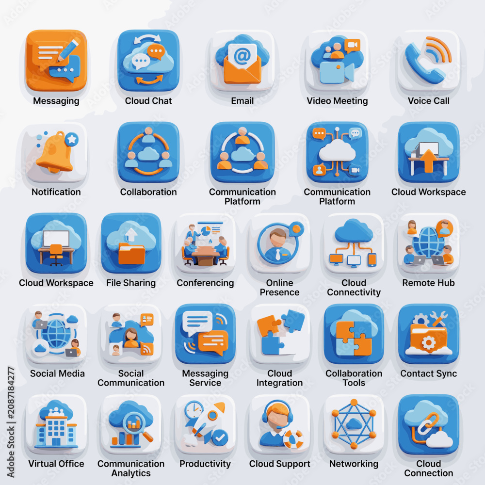 Fototapeta premium Cloud Communication and Collaboration App Icons Set, Digital Technology Icons