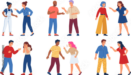 People Arguing and Conflict Vector Character Set with Men and Women Shouting Pointing Fingers and Disagreeing for Relationship Websites and Psychology Apps