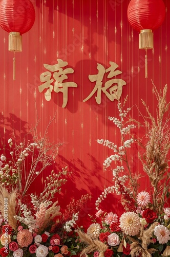 Colorful Flower Decorations Hanging on a Red Wall in a Festive Setting for an...