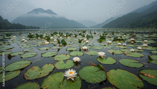 Lily Pads and Flowers on a Lake With Mountains in the Background During Cloud...