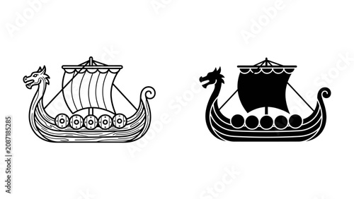 Tableau sur toile Viking Ship Design: Two stylized representations of a Viking longship, one in outline and the other in silhouette, showcase the iconic dragon head prow and shield-adorned sides