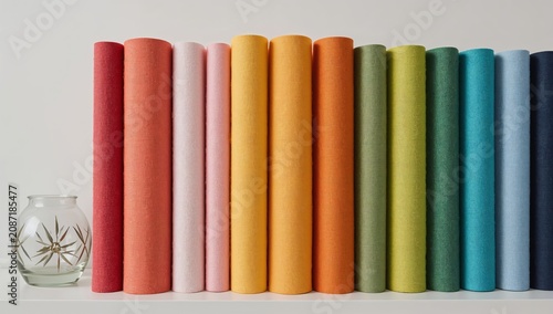 Display of Colorful Rolls of Paper Arranged on a Shelf in a Craft Room Settin...
