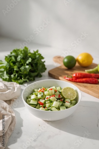 Fresh Cucumber Salad Preparation in a Modern Kitchen With Fresh Ingredients o...