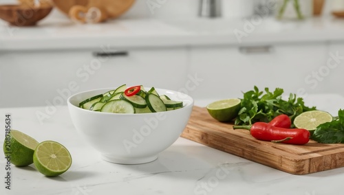 Fresh Cucumbers and Limes Prepared for Salad in a Bright Kitchen