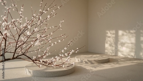 Blossom Branch in Minimalist Room With Platforms and Natural Light During Day...