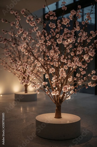 Decorative Cherry Blossom Trees in a Well-Lit Indoor Space During Evening Hours