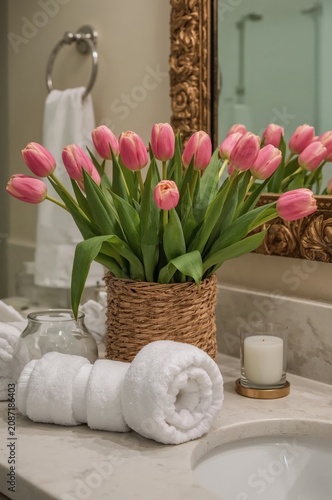 Beautiful Pink Tulips in a Basket Placed on a Bathroom Counter With a Mirror ...