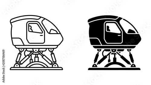 Obraz na płótnie Flight Simulator Cockpits: Two detailed icons of a flight simulator cockpit, one in black outline and the other in solid black, showcase the advanced technology used for pilot training