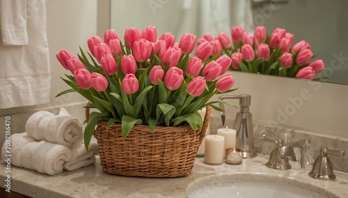 Beautiful Pink Tulips in a Basket Placed on a Bathroom Counter With a Mirror ...