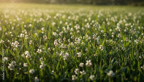 Flowers Bloom in a Green Field During the Evening Light in a Natural Setting
