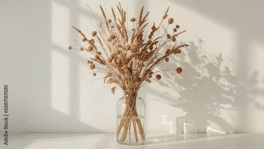 Fototapeta premium Dried Flowers in a Glass Vase Create a Simple Display on a Table With Sunlight Streaming In