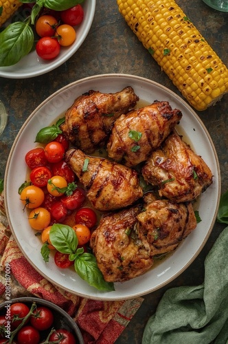 Delicious Grilled Chicken With Tomatoes and Corn on a Wooden Table at a Casua...