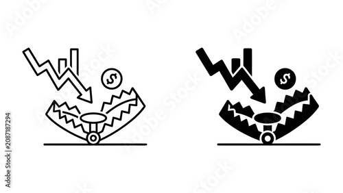 Tableau sur toile Financial Trap Iconography: A visual representation of a financial trap, with a downward trending graph and a coin descending into a bear trap, symbolizing economic downturn or investment risk