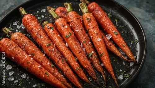 Roasted Carrots on a Black Plate With Salt and Herbs for a Simple Dish Presen...