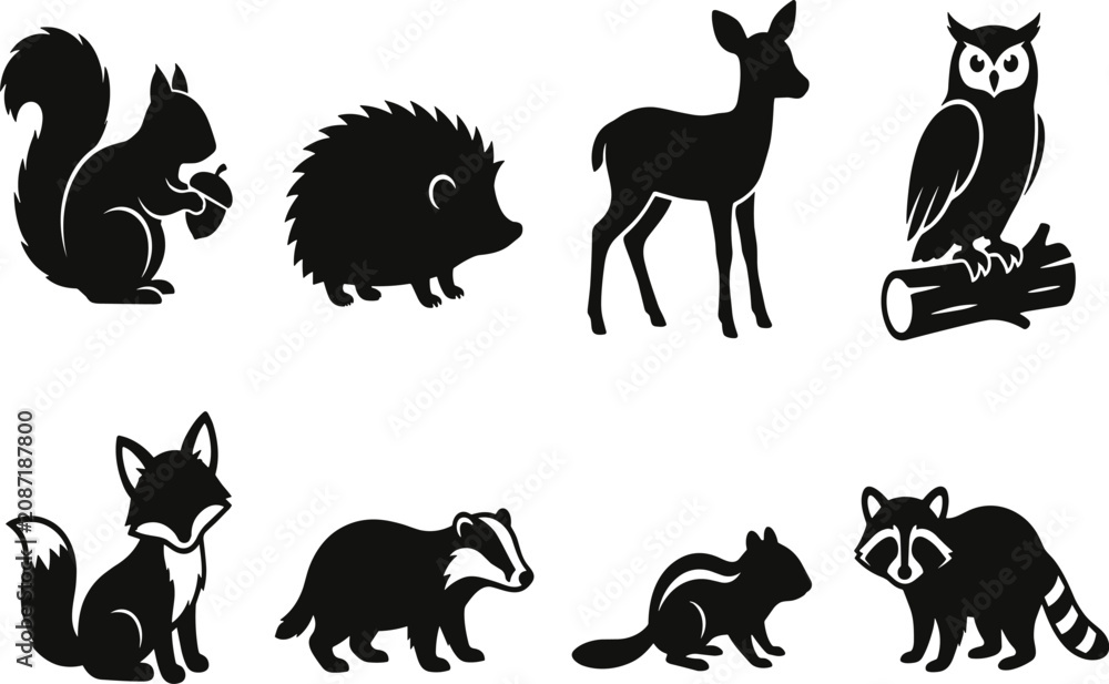 Obraz premium Set of black forest animal silhouettes including squirrel hedgehog deer owl fox badger chipmunk and raccoon image_ae0024.png