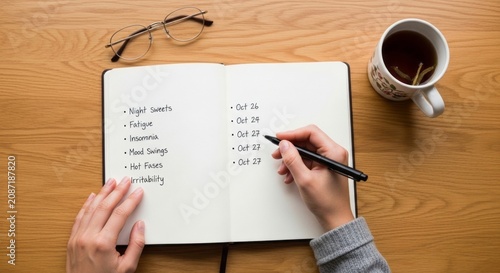 Woman writing cycle symptoms in journal with diary. Tracking hormonal health, mood swing, fatigue, insomnia, and hot flash. Menopause awareness and self care planning on wooden table.