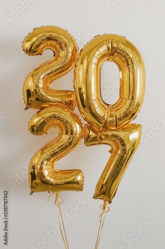 Balloons in the Shape of Numbers 2027 Hang on a Wall for a Celebration Event