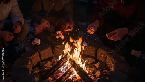 Friends Gather Around a Campfire Roasting Marshmallows at Night During a Camp...
